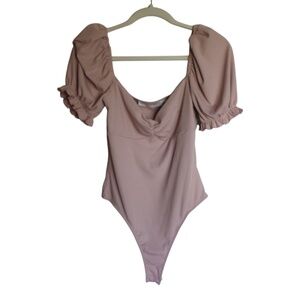 ASTR The Label Women Sweetheart Neck Ruched Rib Knit Bodysuit Puff Sleeve Size L